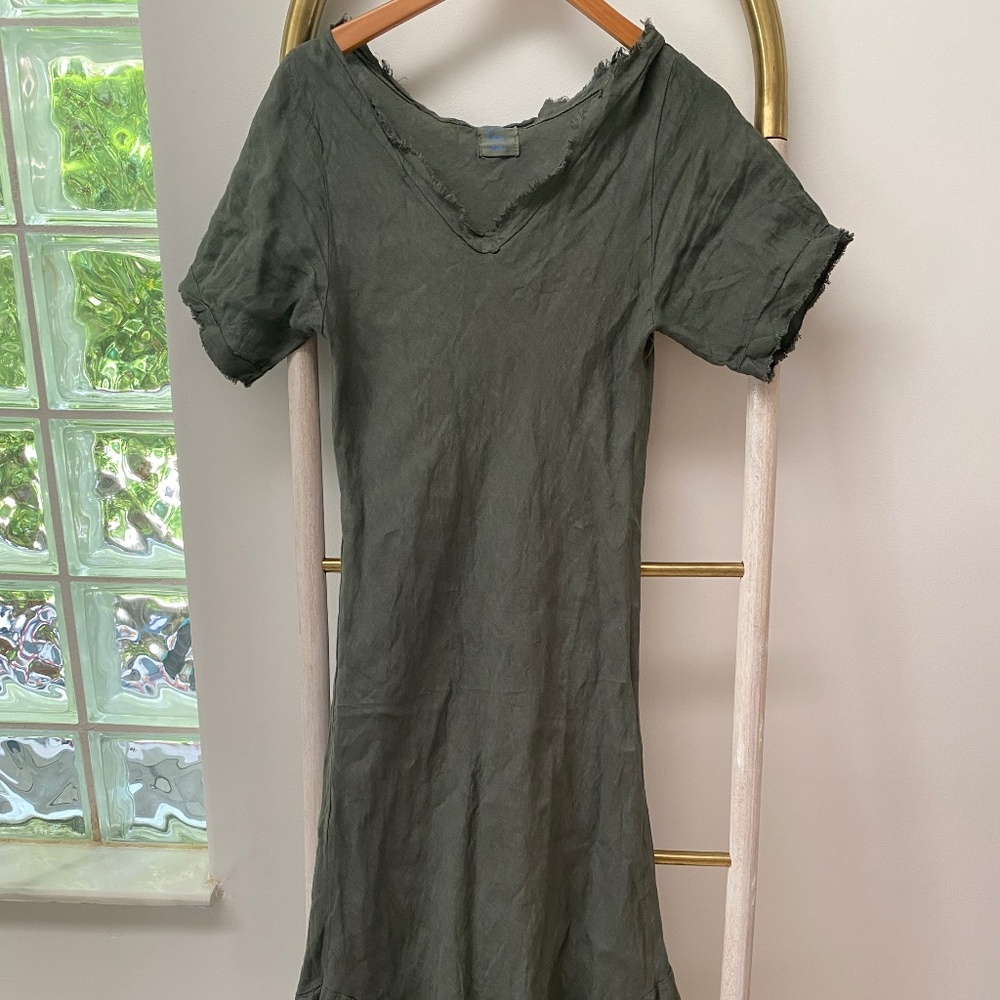 100% Lino Original Fabiano Short Sl Long Sage Green Summer Dress Italy Size 26